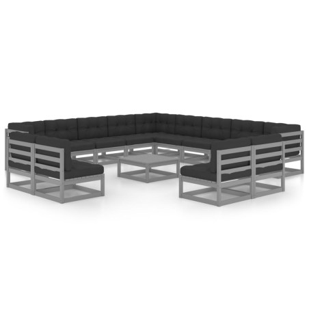 vidaXL Set de muebles de jardín 14 pzas con cojines madera pino gris