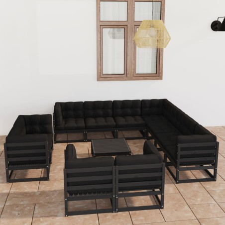 vidaXL Set de muebles de jardín 12 pzas con cojines madera pino negro