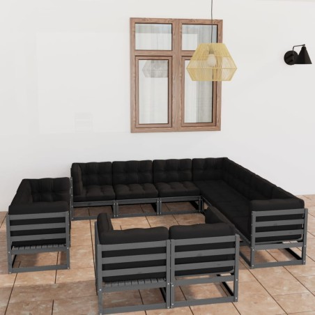vidaXL Set de muebles de jardín 11 pzas con cojines madera pino gris
