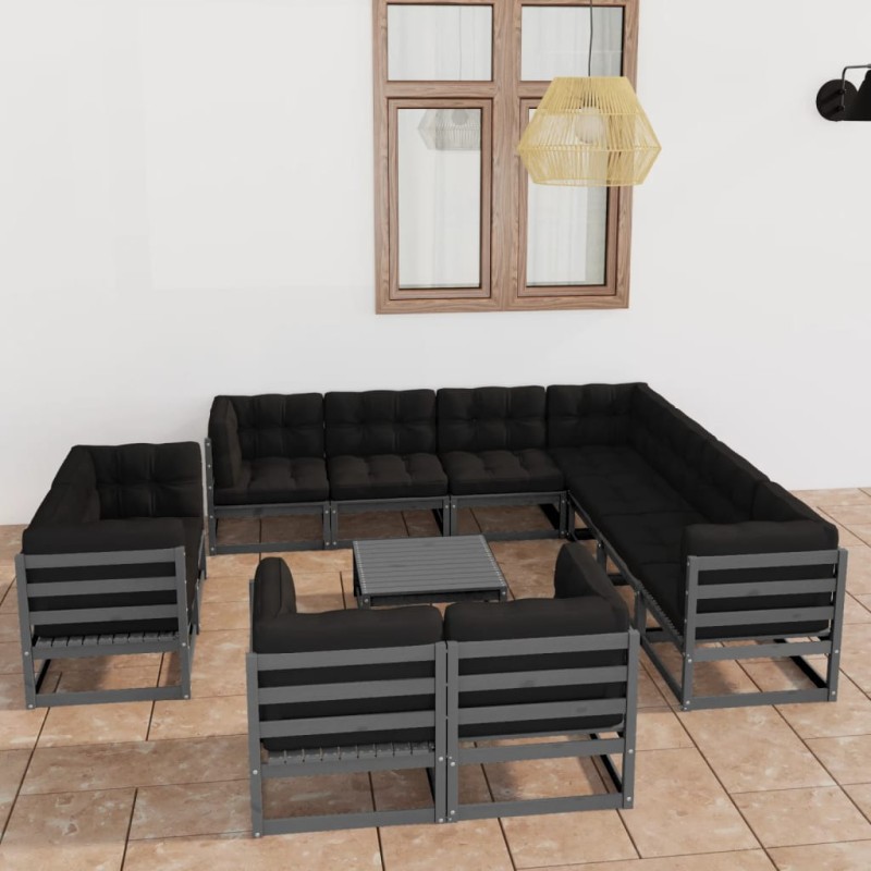 vidaXL Set de muebles de jardín 12 pzas con cojines madera pino gris vidaXL Set de muebles de jardín 12 pzas con cojines madera pino gris