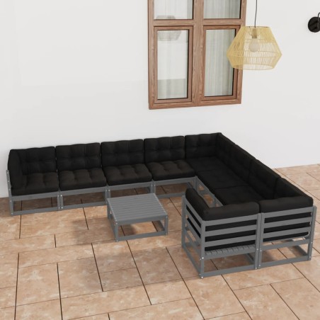 vidaXL Set de muebles de jardín 10 pzas con cojines madera pino gris