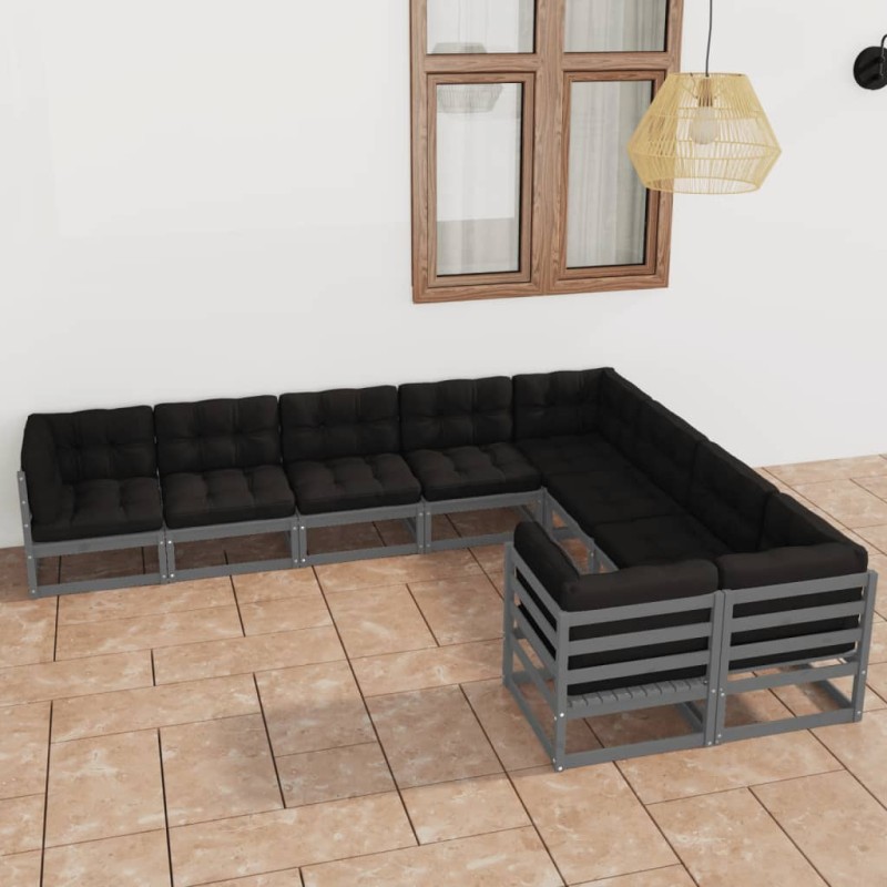 vidaXL Set de muebles de jardín 9 pzas con cojines madera pino gris vidaXL Set de muebles de jardín 9 pzas con cojines madera pino gris