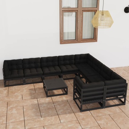 vidaXL Set de muebles de jardín 10 pzas con cojines madera pino negro