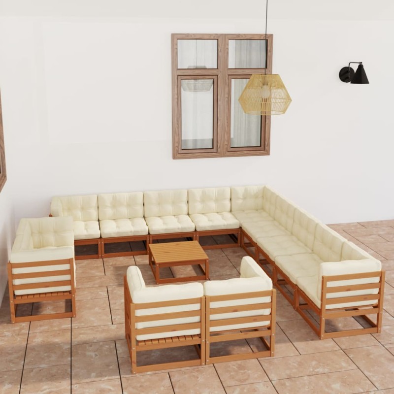 vidaXL Set de muebles de jardín 14 pzs cojines madera pino marrón miel vidaXL Set de muebles de jardín 14 pzs cojines madera pino marrón miel