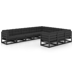 vidaXL Set de muebles de jardín 10 pzas con cojines madera pino negro