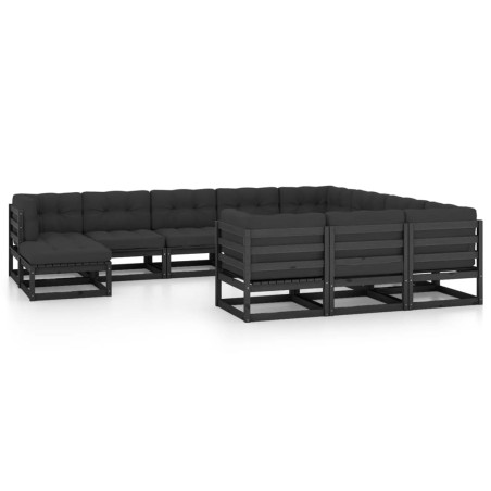 vidaXL Set de muebles de jardín 11 pzas con cojines madera pino negro