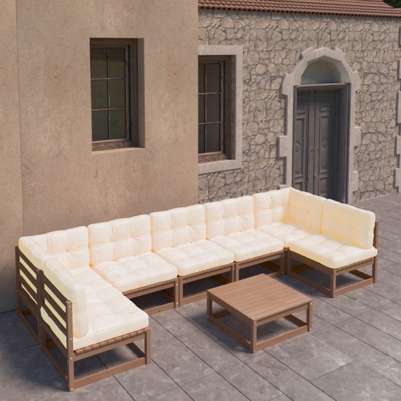 vidaXL Set de muebles de jardín 8 pzs cojines madera pino marrón miel vidaXL Set de muebles de jardín 8 pzs cojines madera pino marrón miel