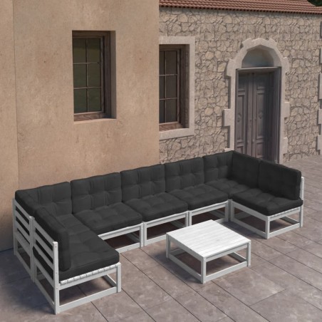 vidaXL Set muebles jardín con cojines 8 pzas madera maciza pino blanco