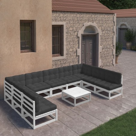 vidaXL Set de muebles de jardín 10 pzas con cojines madera pino blanco