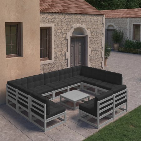 vidaXL Set de muebles de jardín 10 pzas con cojines madera pino gris