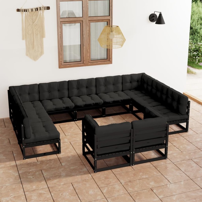vidaXL Set de muebles de jardín 11 pzas con cojines madera pino negro vidaXL Set de muebles de jardín 11 pzas con cojines madera pino negro