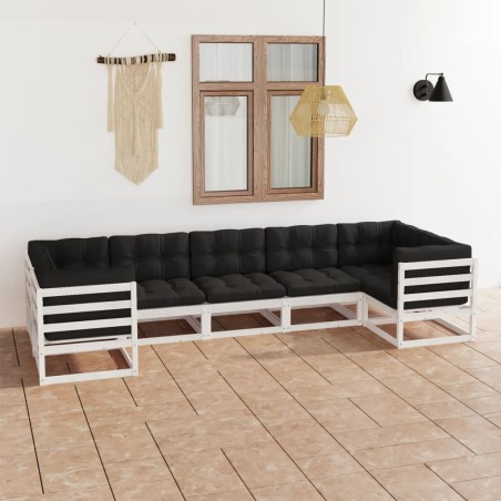 vidaXL Set muebles jardín 7 pzas con cojines madera maciza pino blanco