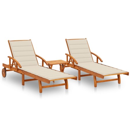 vidaXL Tumbonas con mesa y cojines 2 uds madera maciza de acacia 