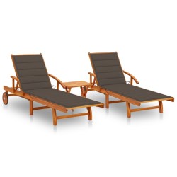 vidaXL Tumbonas con mesa y cojines 2 uds madera maciza de acacia 