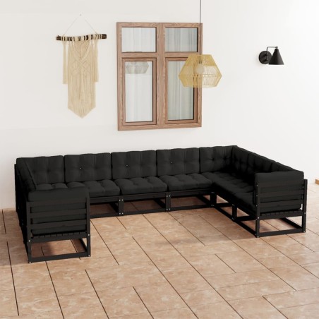 vidaXL Set de muebles de jardín 9 pzas con cojines madera pino negro