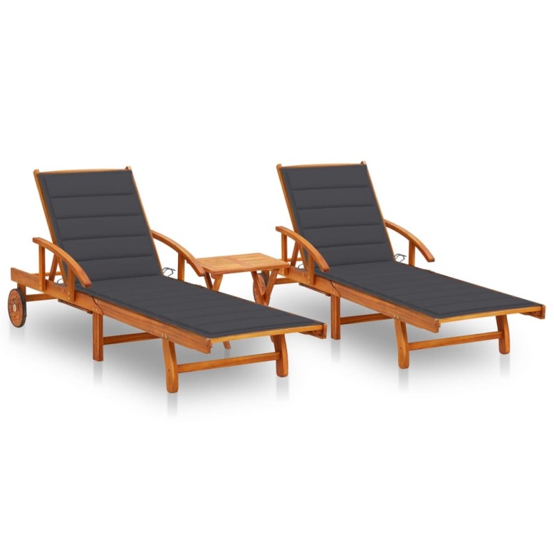 vidaXL Tumbonas con mesa y cojines 2 uds madera maciza de acacia vidaXL Tumbonas con mesa y cojines 2 uds madera maciza de acacia