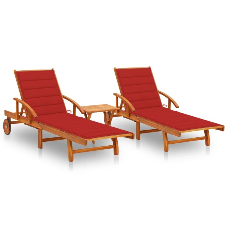 vidaXL Tumbonas con mesa y cojines 2 uds madera maciza de acacia vidaXL Tumbonas con mesa y cojines 2 uds madera maciza de acacia