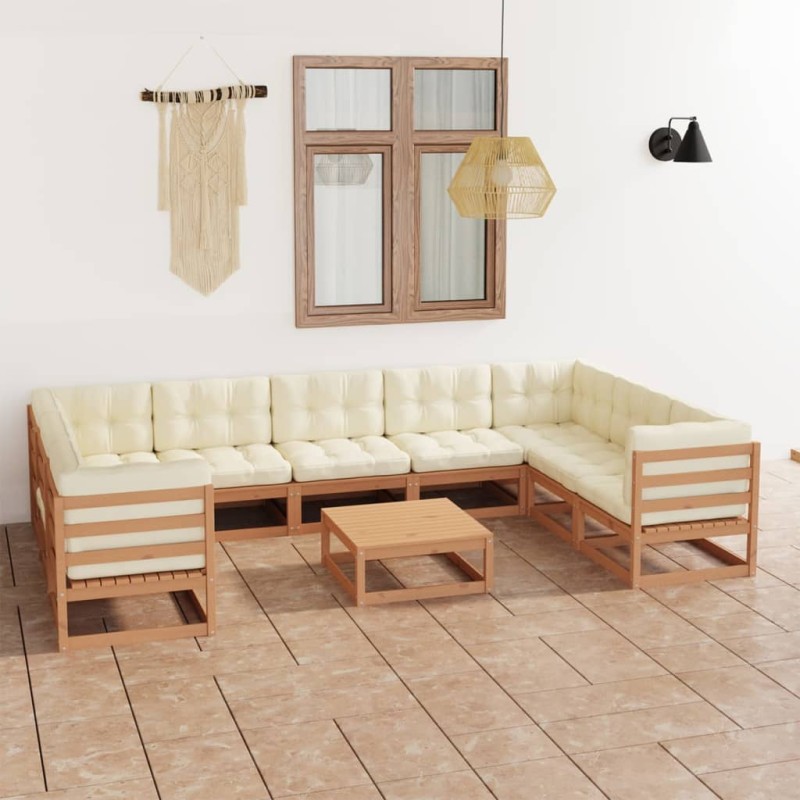 vidaXL Muebles de jardín 10 pzas y cojines marrón miel madera de pino vidaXL Muebles de jardín 10 pzas y cojines marrón miel madera de pino