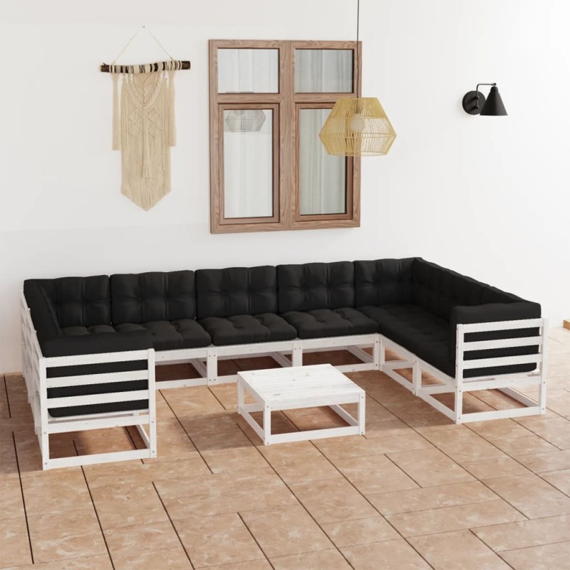 vidaXL Muebles de jardín 10 piezas con cojines blanco madera de pino