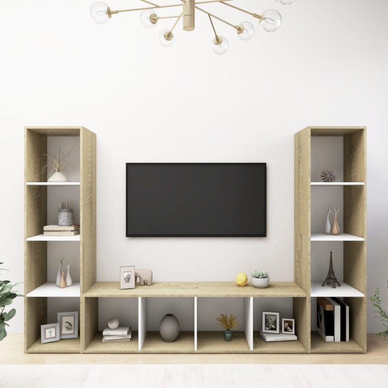 vidaXL Muebles TV 3 uds aglomerado blanco roble Sonoma 142,5x35x36,5cm vidaXL Muebles TV 3 uds aglomerado blanco roble Sonoma 142,5x35x36,5cm