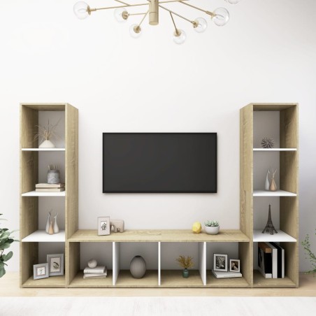 vidaXL Muebles TV 3 uds aglomerado blanco roble Sonoma 142,5x35x36,5cm