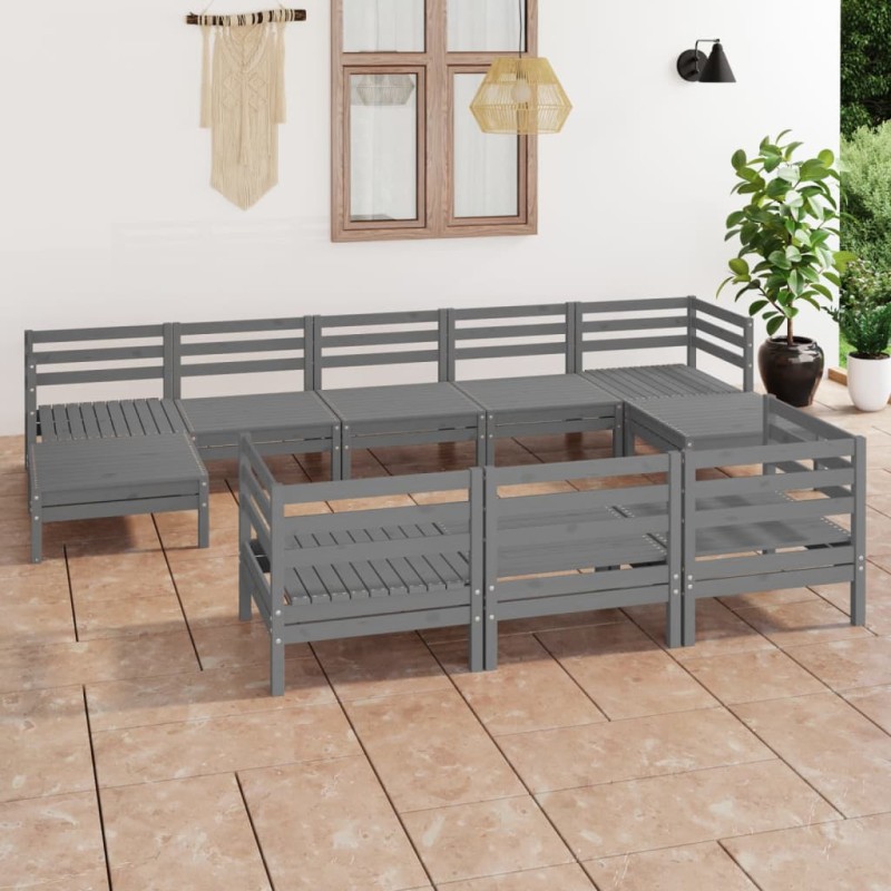 vidaXL Juego de muebles de jardín 10 piezas madera maciza de pino gris