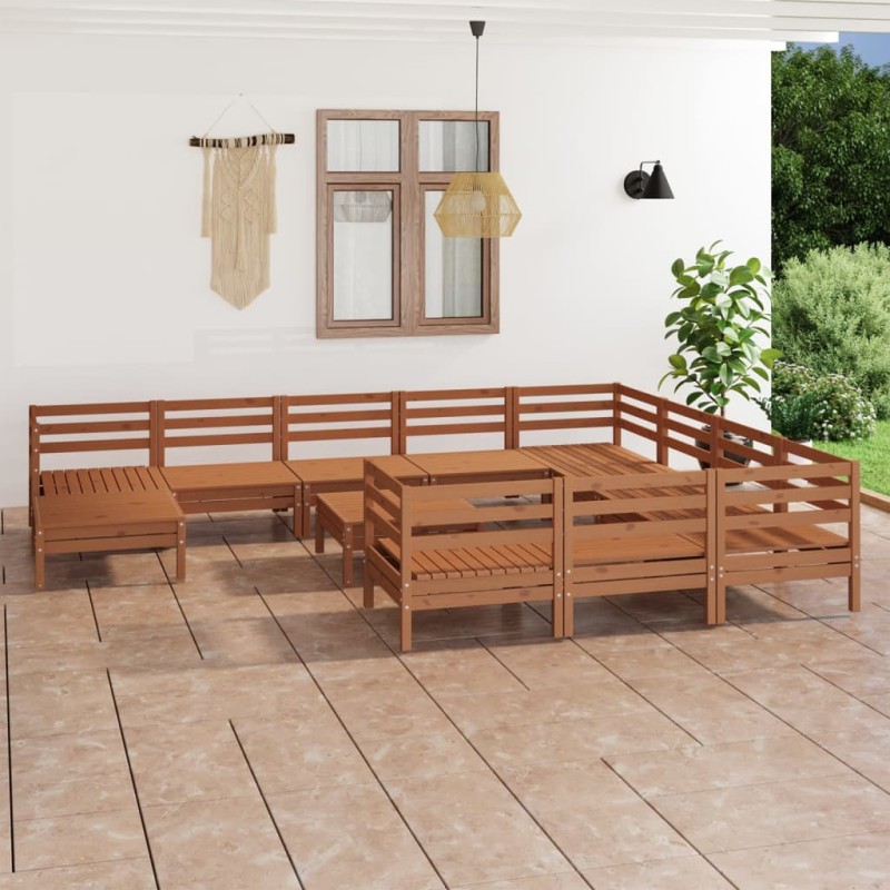 vidaXL Juego muebles de jardín 12 pzas madera maciza pino marrón miel vidaXL Juego muebles de jardín 12 pzas madera maciza pino marrón miel