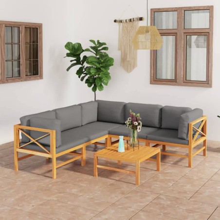 vidaXL Set de muebles de jardín 6 pzas madera de teca y cojines gris
