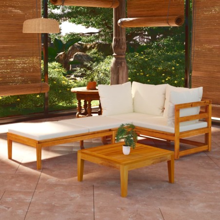 vidaXL Muebles de jardín 3 pzas con cojines crema madera de acacia 