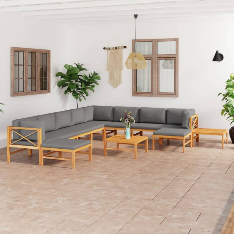 vidaXL Set de muebles de jardín 12 pzas madera de teca y cojines gris vidaXL Set de muebles de jardín 12 pzas madera de teca y cojines gris
