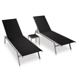vidaXL Tumbonas con mesita 2 unidades de acero y textilene negro