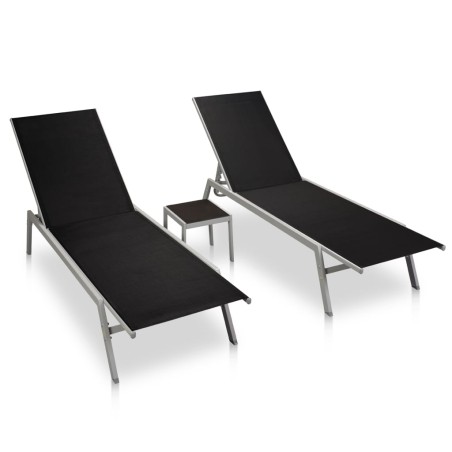 vidaXL Tumbonas con mesita 2 unidades de acero y textilene negro