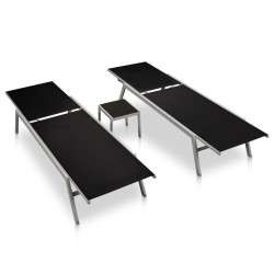 vidaXL Tumbonas con mesita 2 unidades de acero y textilene negro