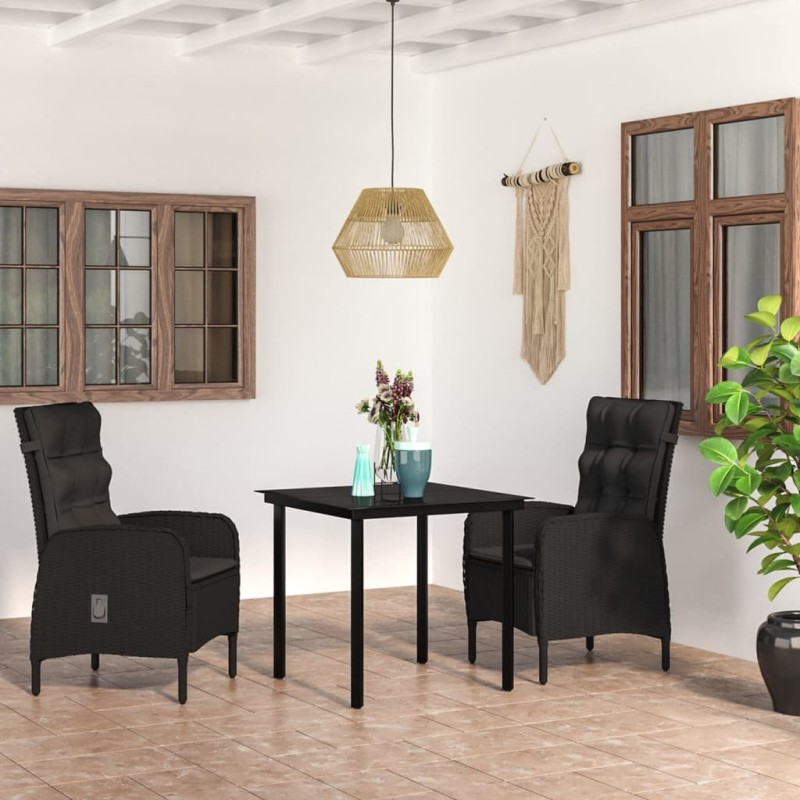 vidaXL Juego de comedor de jardín 3 piezas con cojines negro vidaXL Juego de comedor de jardín 3 piezas con cojines negro