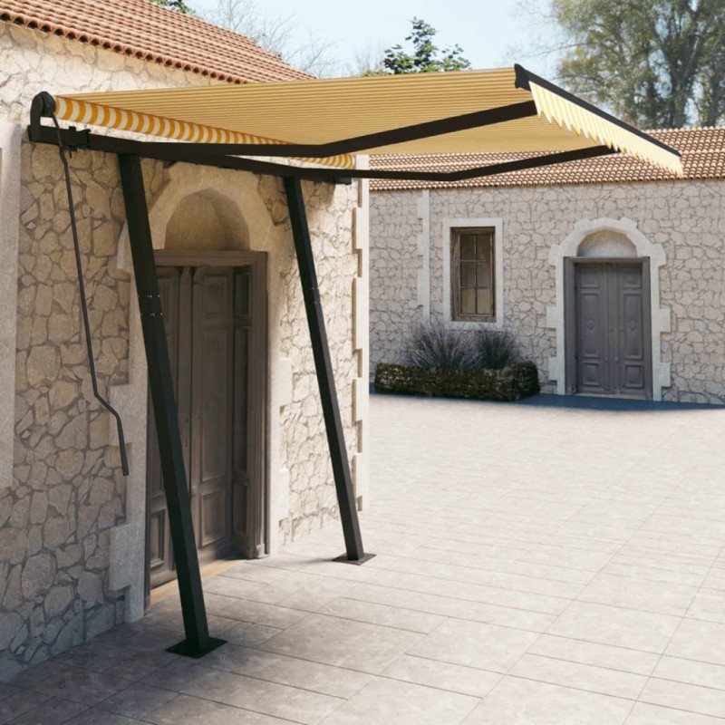 vidaXL Toldo manual retráctil con postes amarillo y blanco 3x2,5 m