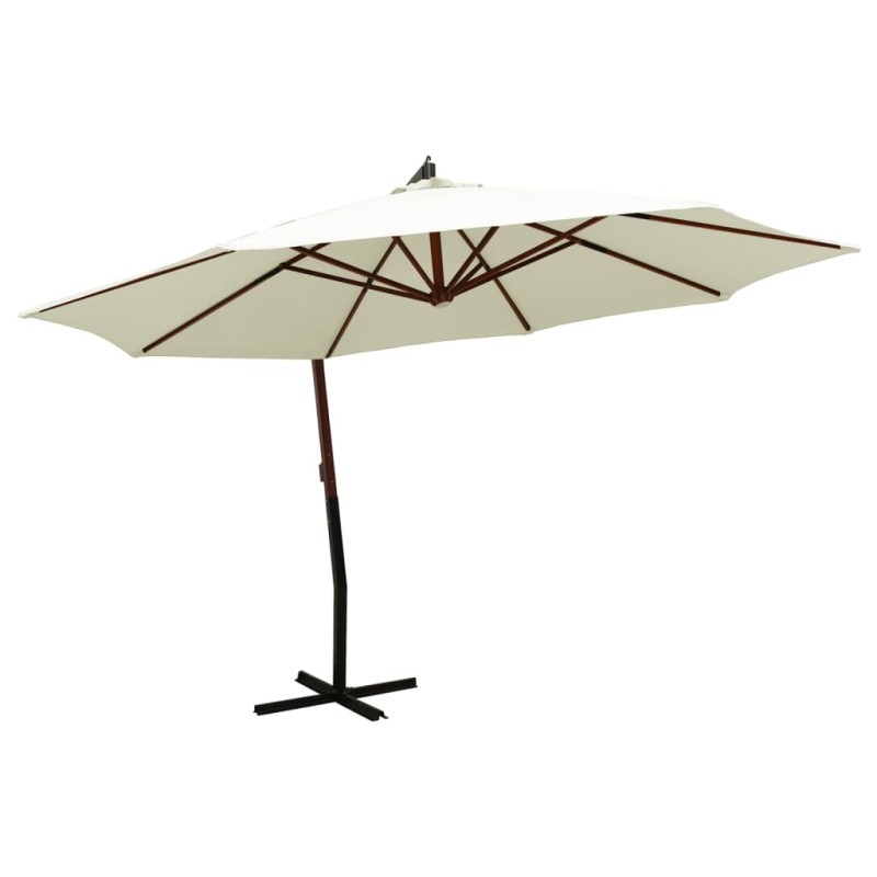 vidaXL Sombrilla colgante con poste de madera blanco arena 350cm