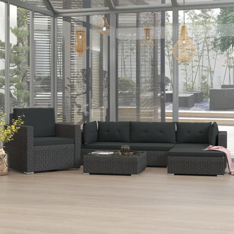 vidaXL Set muebles de jardín 6 piezas y cojines ratán sintético negro vidaXL Set muebles de jardín 6 piezas y cojines ratán sintético negro