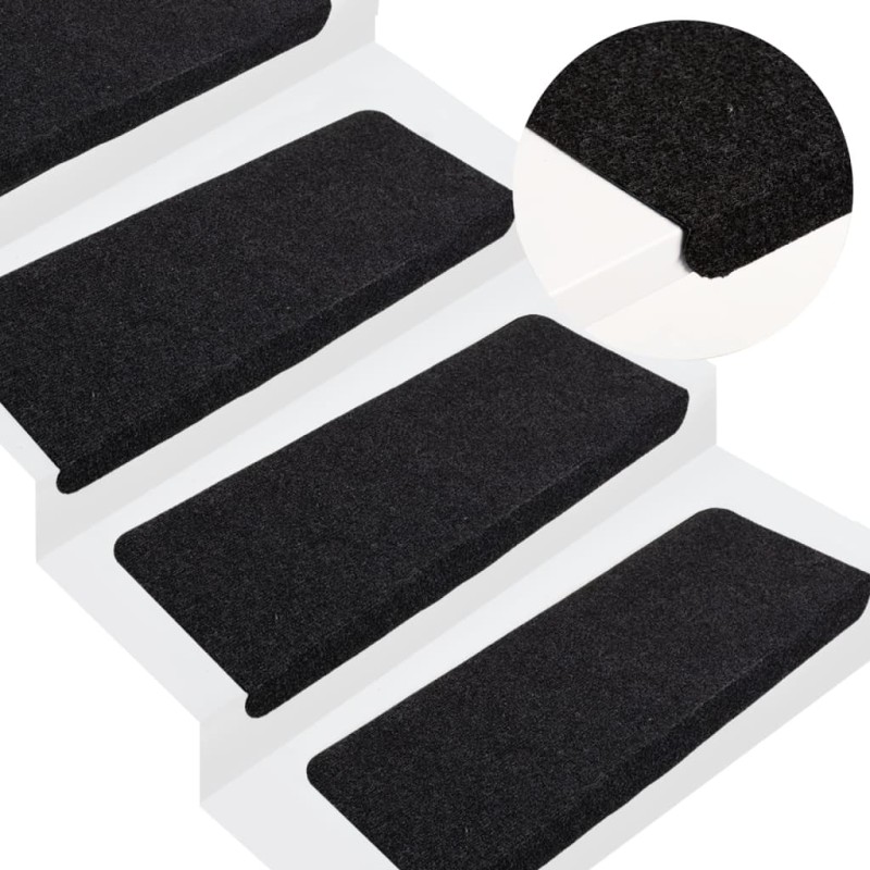 vidaXL Alfombrilla autoadhesiva de escalera 15 uds negro 65x24,5x3,5cm