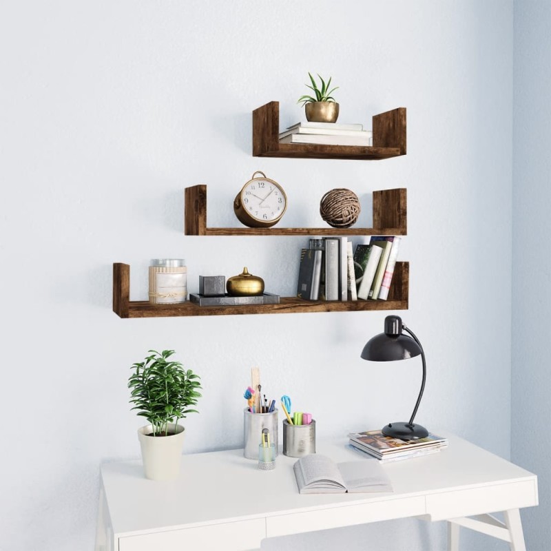 vidaXL Estantes de pared 3 unidades madera contrachapada roble ahumado vidaXL Estantes de pared 3 unidades madera contrachapada roble ahumado