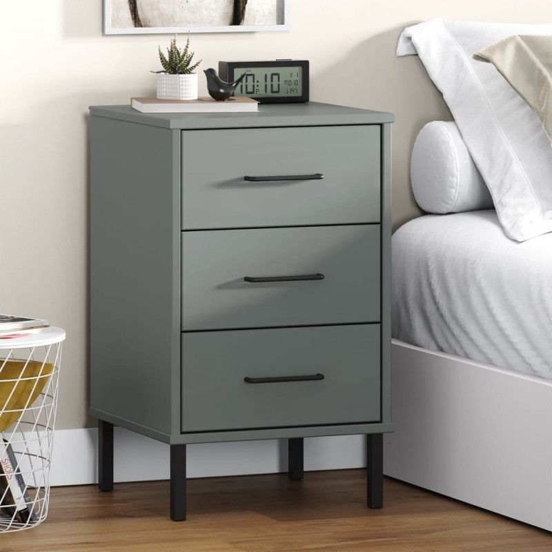 vidaXL Mesita de noche patas de metal madera maciza pino gris OSLO vidaXL Mesita de noche patas de metal madera maciza pino gris OSLO