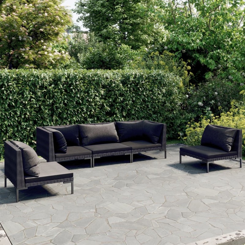 vidaXL Sofás de jardín 5 pzas y cojines ratán sintético gris oscuro vidaXL Sofás de jardín 5 pzas y cojines ratán sintético gris oscuro