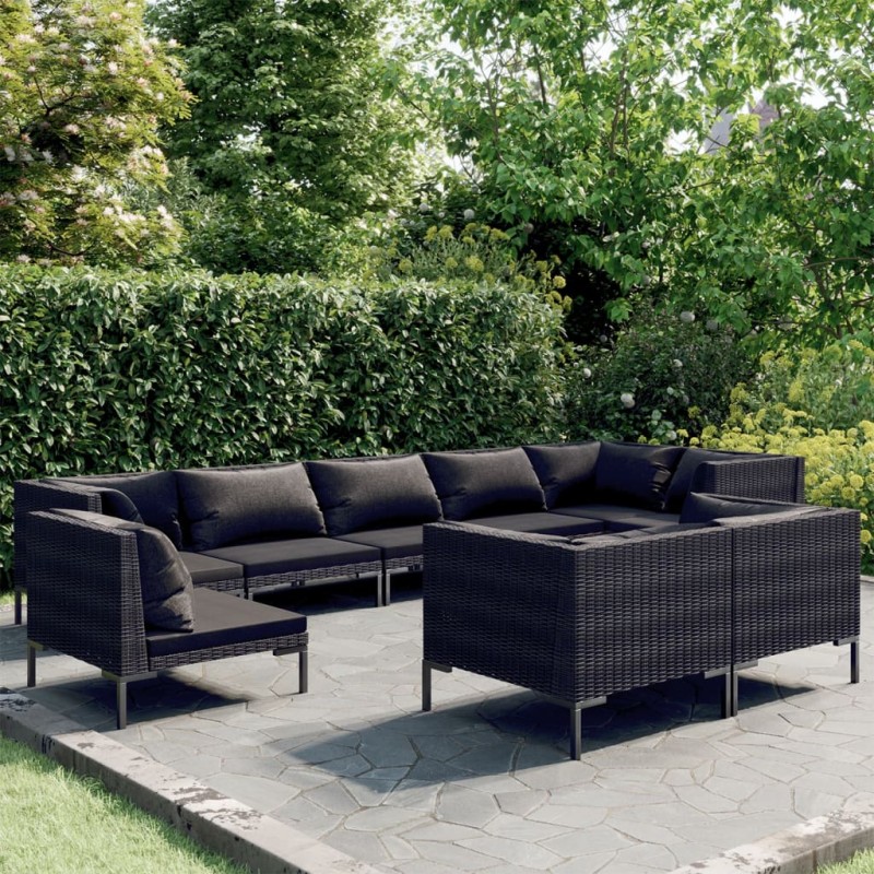 vidaXL Sofás de jardín 9 pzas y cojines ratán redondo gris oscuro vidaXL Sofás de jardín 9 pzas y cojines ratán redondo gris oscuro