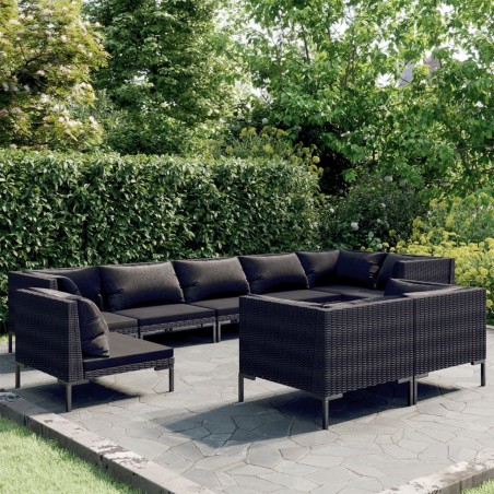 vidaXL Sofás de jardín 9 pzas y cojines ratán redondo gris oscuro