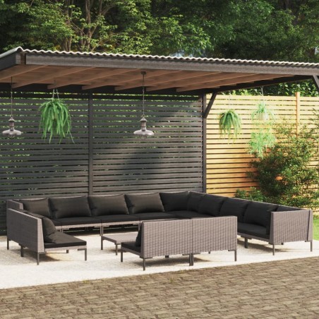 vidaXL Muebles de jardín 14 pzas y cojines ratán sintético gris oscuro