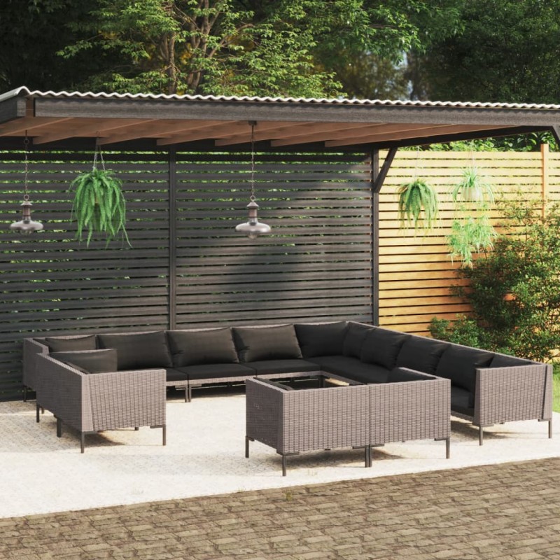 vidaXL Muebles de jardín 13 pzas y cojines ratán sintético gris oscuro vidaXL Muebles de jardín 13 pzas y cojines ratán sintético gris oscuro