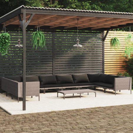 vidaXL Sofás de jardín 11 pzas y cojines ratán sintético gris oscuro
