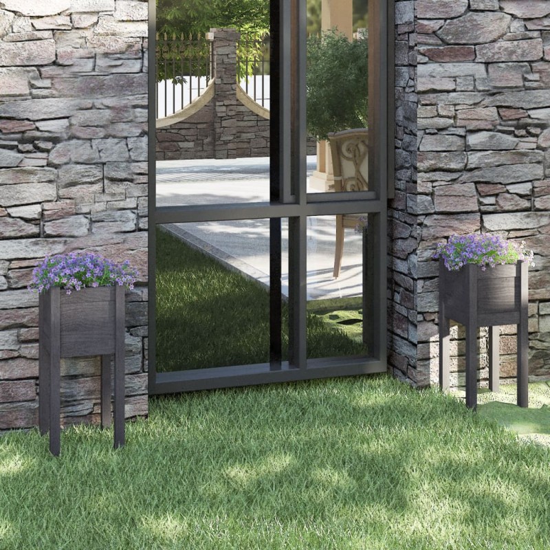 vidaXL Jardineras 2 unidades madera maciza de pino gris 31x31x70 cm vidaXL Jardineras 2 unidades madera maciza de pino gris 31x31x70 cm