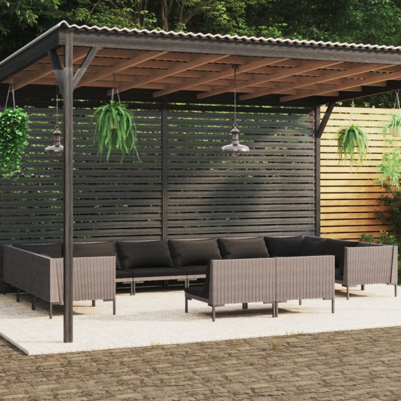 vidaXL Sofás de jardín 12 pzas cojines ratán sintético gris oscuro vidaXL Sofás de jardín 12 pzas cojines ratán sintético gris oscuro