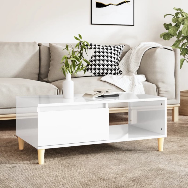 vidaXL Mesa de centro madera contrachapada blanco brillo 90x50x36,5 cm vidaXL Mesa de centro madera contrachapada blanco brillo 90x50x36,5 cm