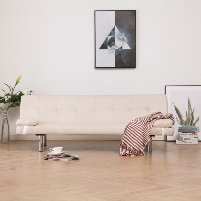 vidaXL Sofá cama con dos almohadas de poliéster color crema vidaXL Sofá cama con dos almohadas de poliéster color crema